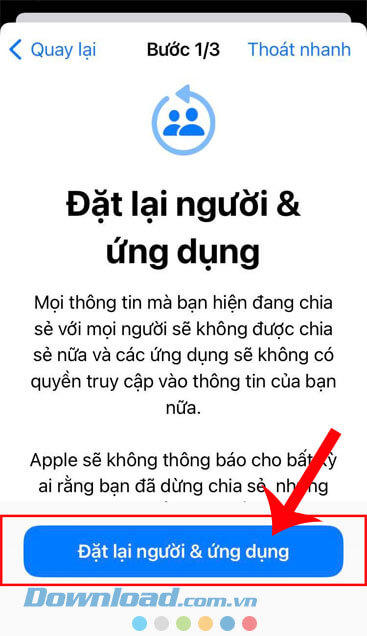 Ấn vào nút Đặt lại người & ứng dụng