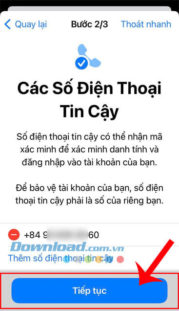 Ấn vào nút Tiếp tục