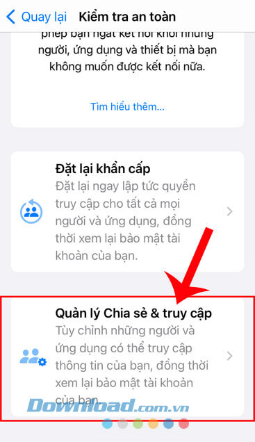 Chạm vào mục Quản lý Chia sẻ & Truy cập