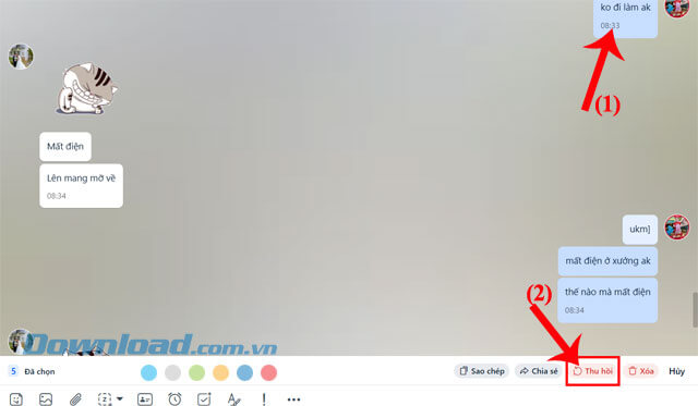 Chọn nhiều tin nhắn và nhấn vào nút Thu hồi