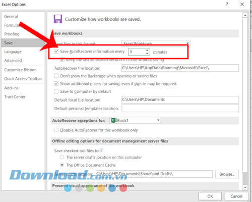 Cài đặt tự động lưu văn bản