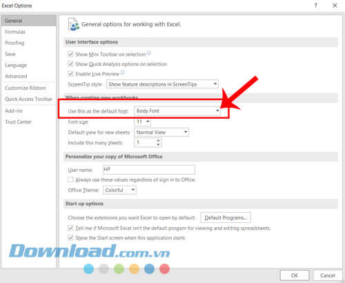 Nhấn vào mũi tên đổ xuống ở mục Use this as the default font