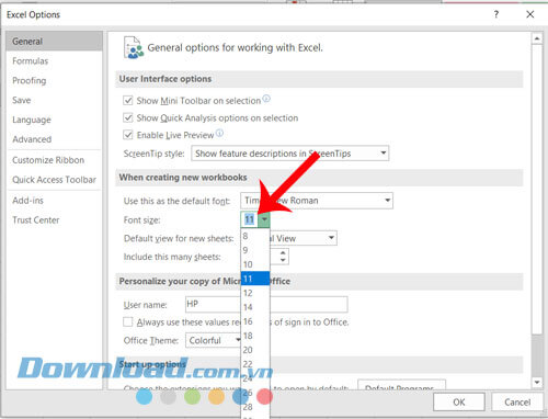 Chọn kích thước của font chữ