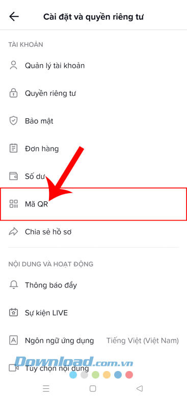 Nhấn vào mục Mã QR