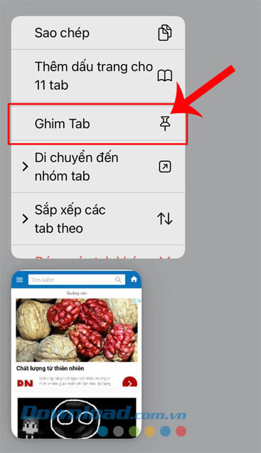 Ấn vào mục Ghim tab