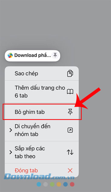 Ấn vào mục Bỏ ghim tab