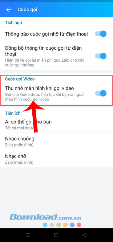 Bật công tắc tại mục Thu nhỏ màn hình khi gọi video