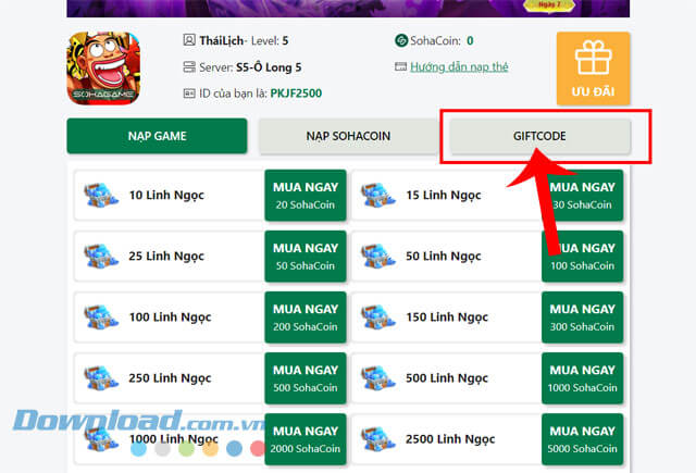 Click chuột vào nút Đổi Giftcode