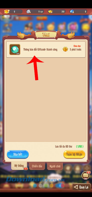 Ấn vào mục Thông báo đổi Giftcode thành công