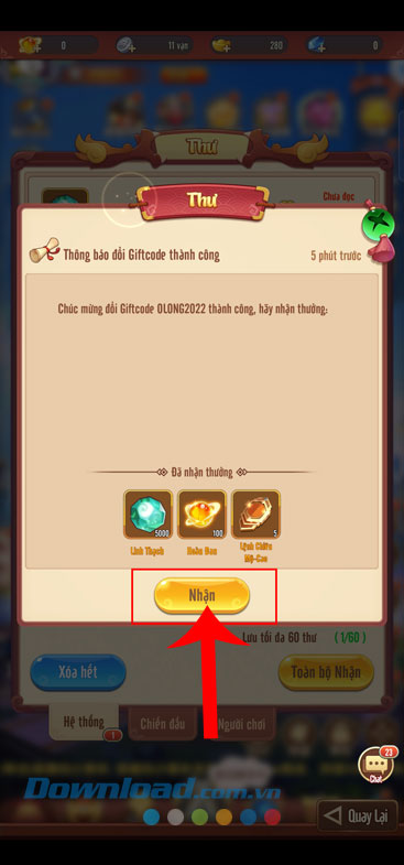 Chạm vào nút Nhận