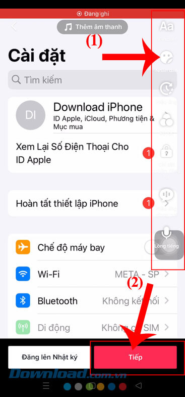 Thêm nhạc nền, nhãn dán,... rồi ấn vào nút Tiếp