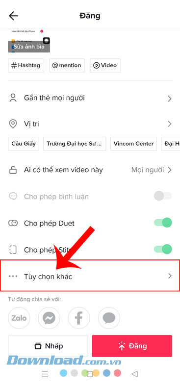 Ấn vào mục Tùy chọn khác 