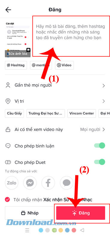 Viết caption và nhấn vào nút Đăng