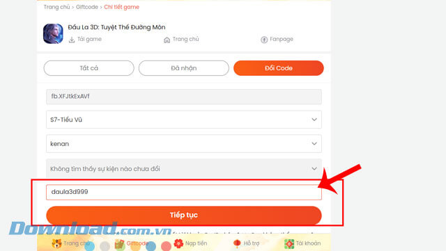 Nhập mã code, rồi click chuột vào nút Tiếp