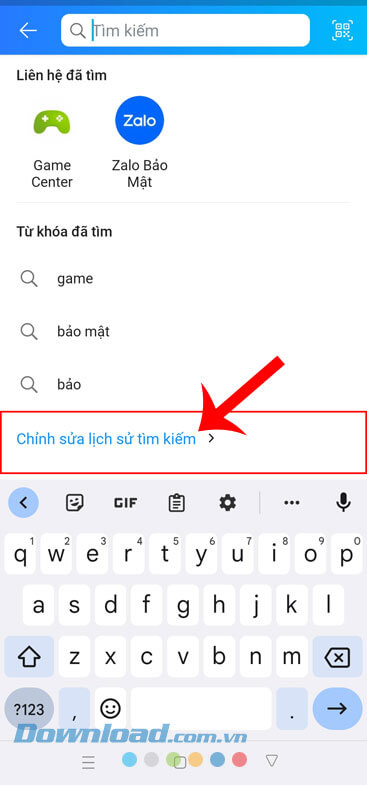 Chạm và mục Chỉnh sửa lịch sử tìm kiếm