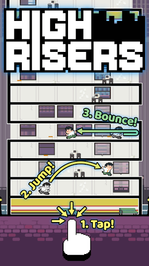 Bạn chạm màn hình để giúp nhân vật nhảy lên các tầng nhà trong game High Risers 
