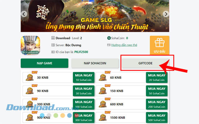 Nhấp chuột vào nút Giftcode