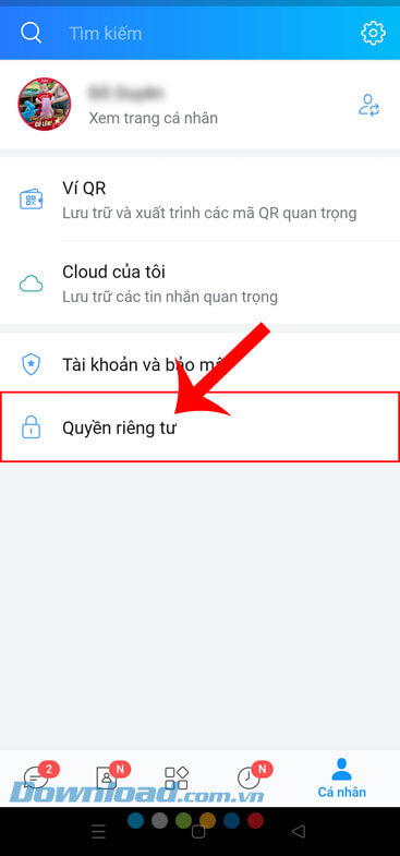 Nhấn vào mục Quyền riêng tư