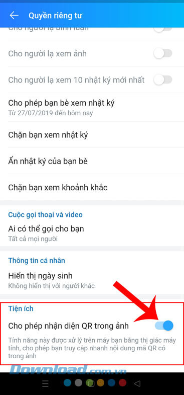 Bật công tắc tại mục Cho phép nhận diện QR trong ảnh