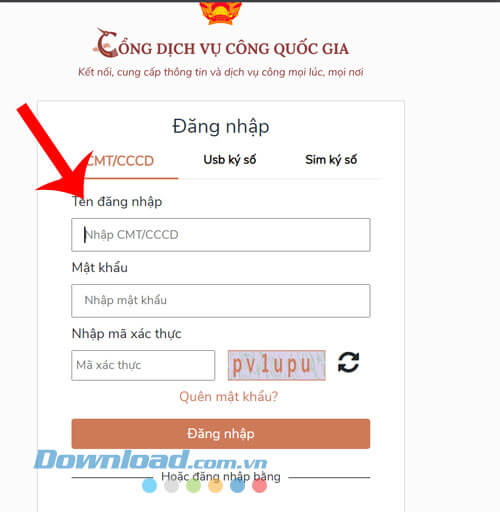 Đăng nhập tài khoản Cổng Dịch vụ công Quốc gia