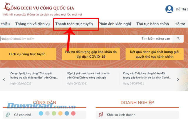 Nhấp chuột vào nút Thanh toán trực tuyến