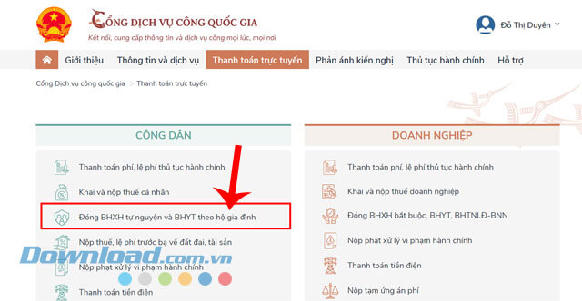 Nhấn vào mục Đóng BHXH tự nguyện và BHYT theo hộ gia đình