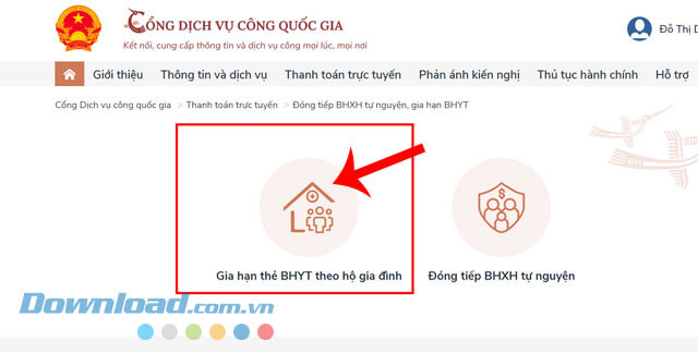 Click chuột vào mục Gia hạn thẻ BHYT theo hộ gia đình