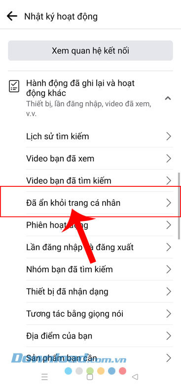 Ấn vào mục Đã ẩn khỏi trang cá nhân