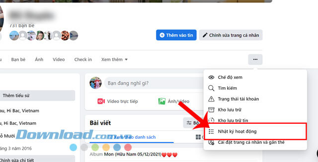 Nhấp chuột vào mục Nhật ký hoạt động