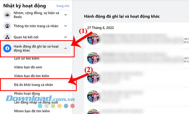  Click chuột vào mục Hoạt động đã ghi và hoạt động khác > Chọn mục Đã ẩn khỏi trang cá nhân 