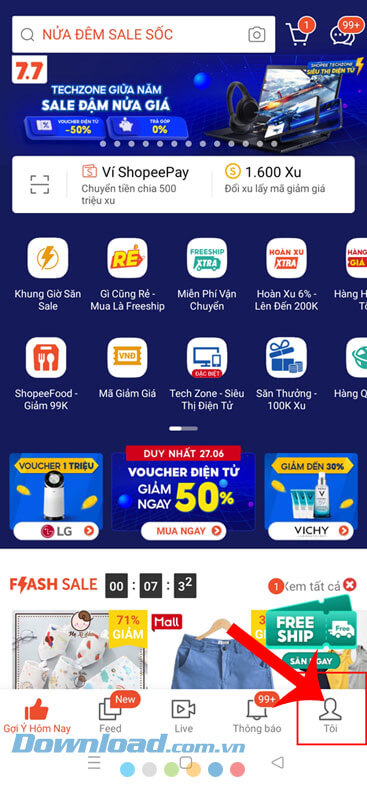 Ấn vào biểu tượng tài khoản