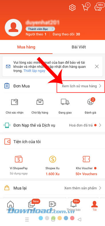 Chạm vào mục Xem lịch sử mua hàng