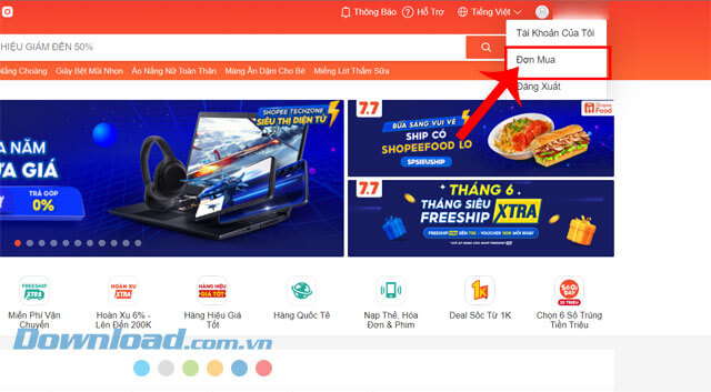 Nhấn vào mục Đơn mua