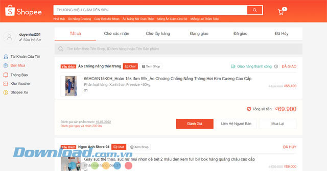 Lịch sử đơn hàng Shopee