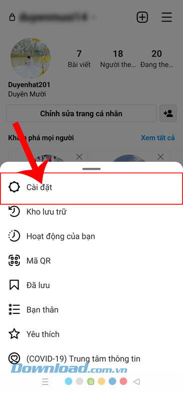 Nhấn vào mục Cài đặt