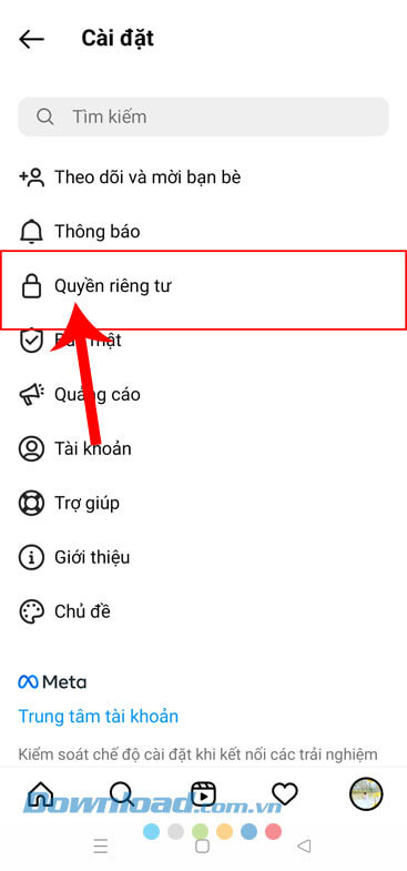 Chạm vào mục Quyền riêng tư 