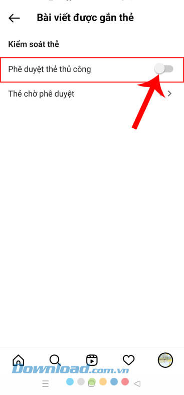 Bật công tắc tại mục Phê duyệt thẻ thủ công