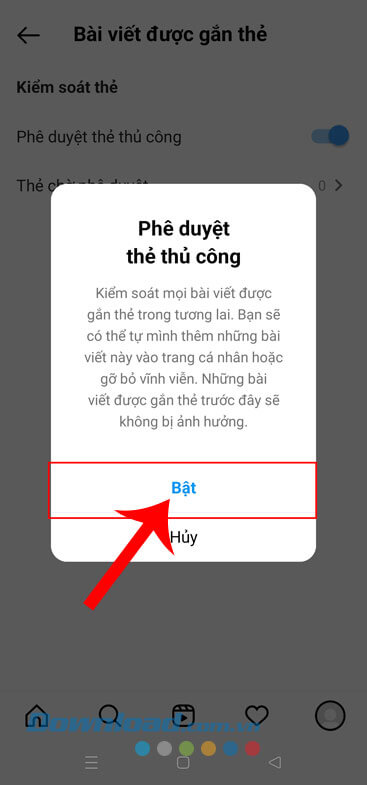 Chạm vào nút Bật