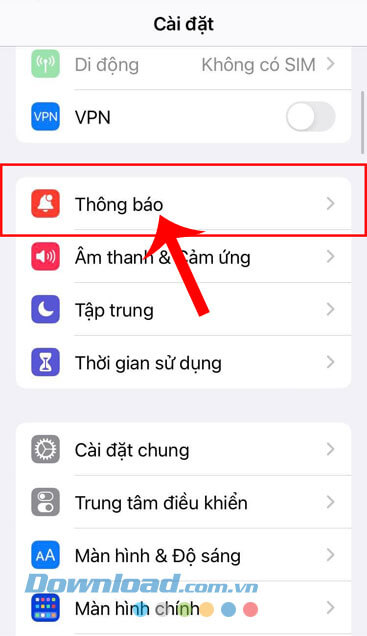 Chạm vào mục Thông báo