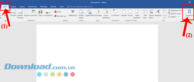 Click chuột vào mục Insert > Chọn mục Equation
