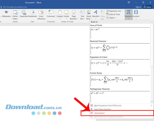 Nhấp chuột vào mục Ink Equation