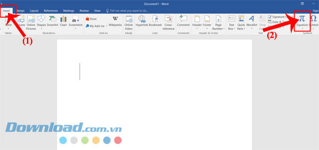Nhấn vào mục Inset > Nhấp chuột vào mục Equation