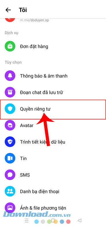 Chạm vào mục Quyền riêng tư
