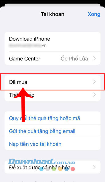 Chạm vào mục Đã mua