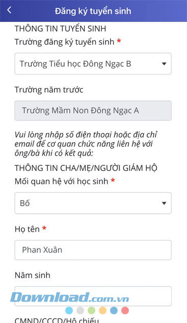 Nhập thông tin phụ huynh