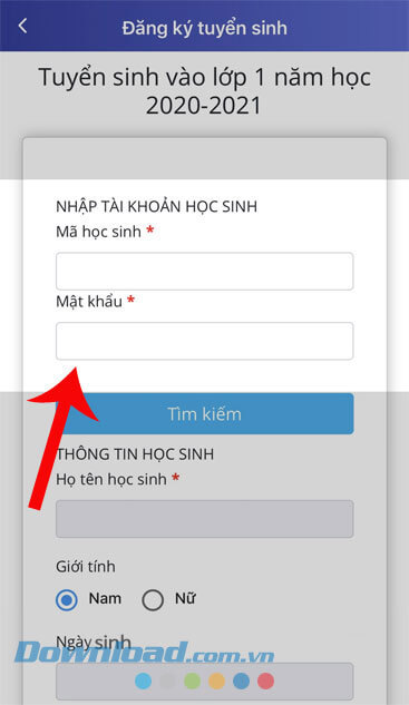 Nhập mã học sinh và mật khẩu