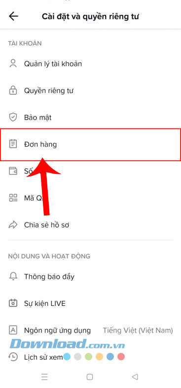 Nhấn vào mục Đơn hàng