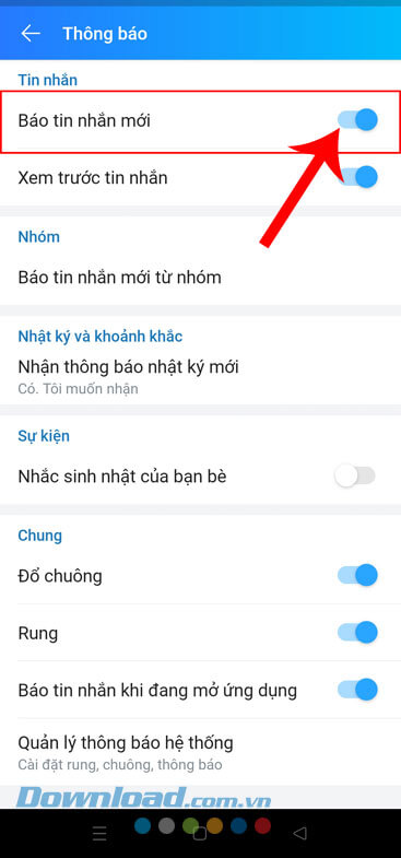Bật công tắc Báo tin nhắn mới