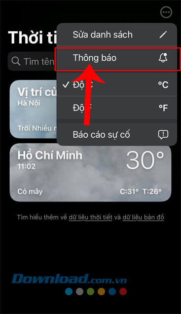 Nhấn vào mục Thông báo