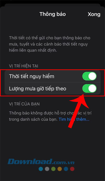 Bật công tắc tại mục Thời tiết nguy hiểm và Lượng mưa giờ tiếp theo